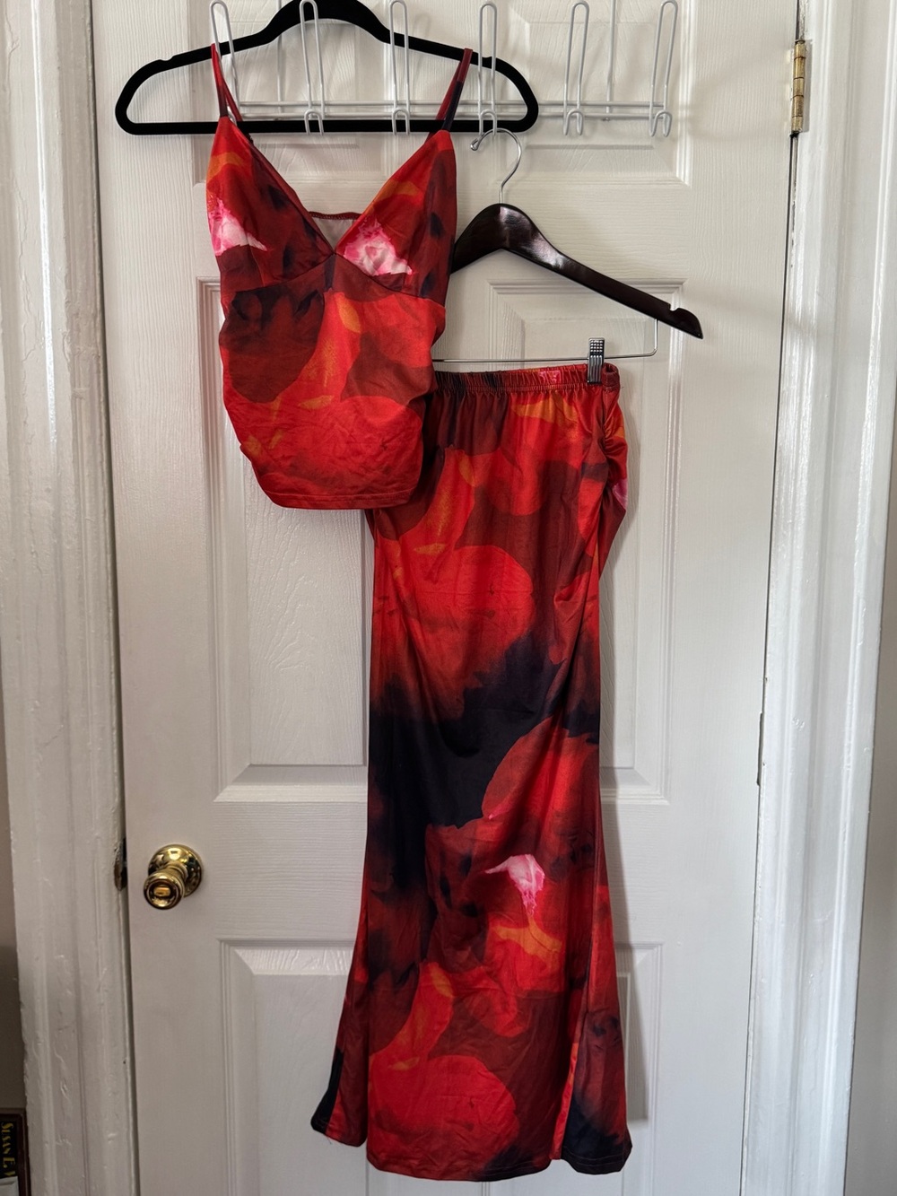 Red & Black Tie Dye Print Summer Maxi Skirt Set